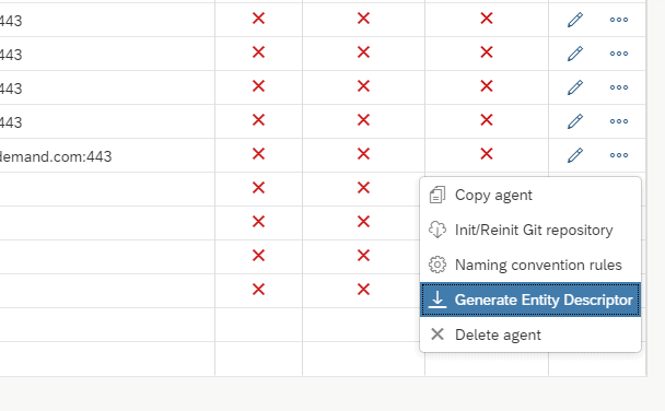 The agent menu in Figaf with the option Generate Entity Descriptor