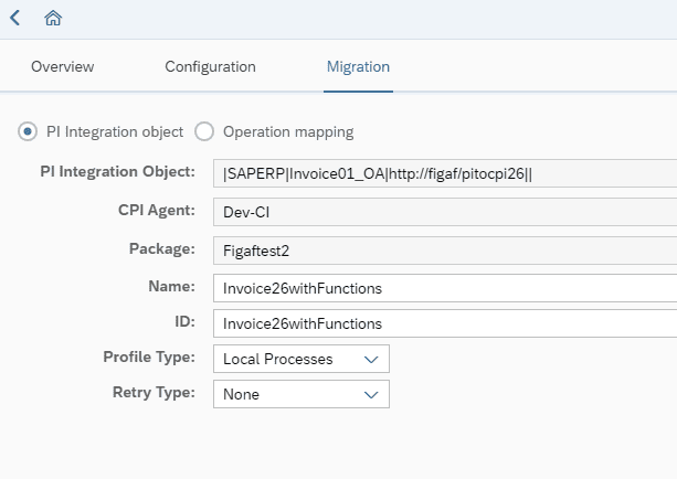 Figaf PI to CPI migration of an ICO, with the CPI agent, package, iFlow name and profile type