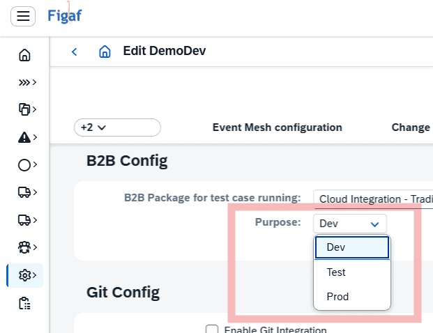 Screenshot of Figaf SAP CPI migration tool with environment selection options.