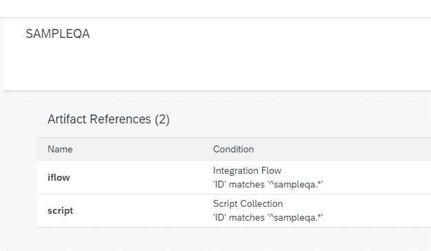 An SAP Cloud Integration access policy for SAMPLEQA, with artifact references for iFlows and script collections whose ID matches ^sampleqa.*