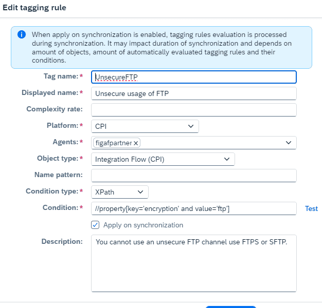 Figaf tag settings with the Apply on synchronization option for automatic tagging