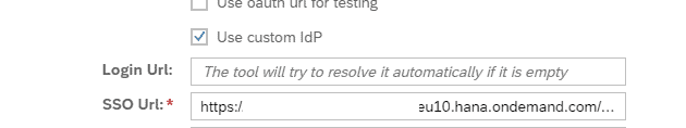 The Figaf agent dialog with Use custom IdP selected and the SSO URL filled in