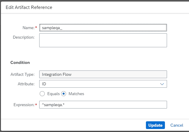 Editing an artifact reference: integration flows whose ID matches the expression ^sampleqa.*