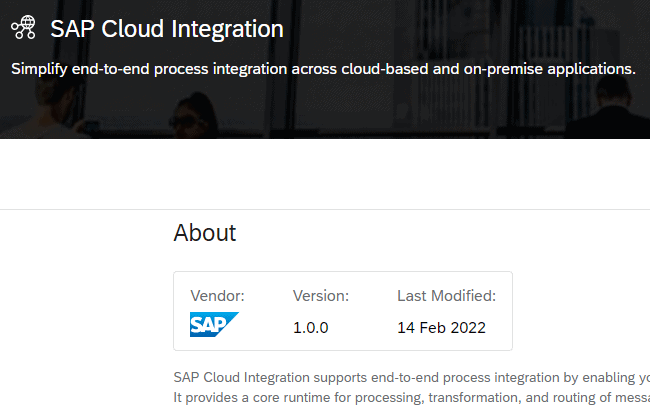 Screenshot of SAP Cloud Integration version on SAP Business Accelerator Hub