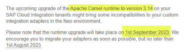 Excerpt of the SAP email announcing the Apache Camel 3.14 runtime upgrade on 1 September 2023 for Neo custom adapters