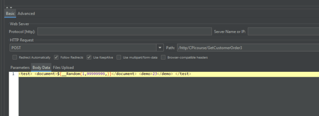 A JMeter HTTP request posting to an iFlow path, with a random order number in the body