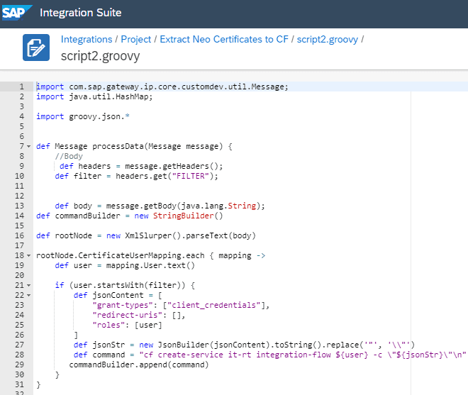 A Groovy script in the built-in editor in SAP Integration Suite