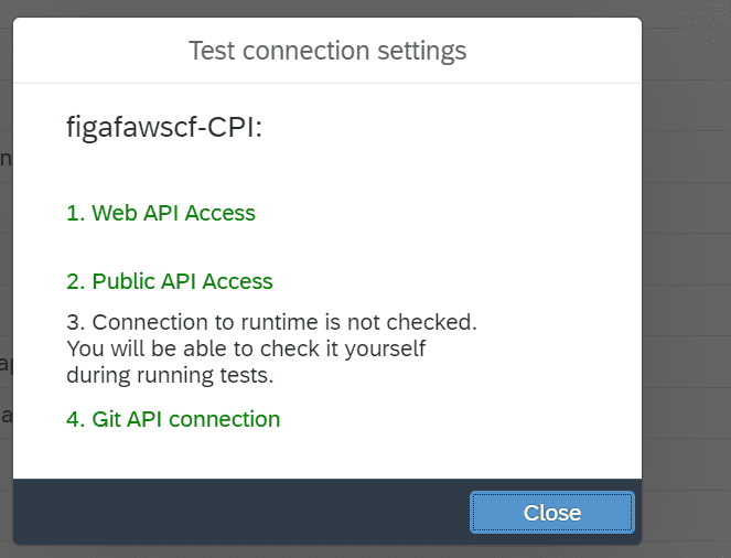 The Figaf test connection result, with Web API, public API and Git API access working