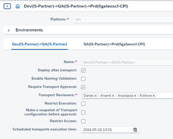 The Figaf landscape settings where a time is set for importing scheduled transports