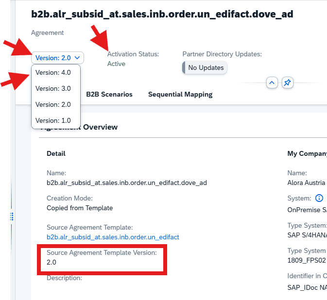 Figaf B2B overview showing several versions of a trading partner agreement and which one is active