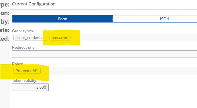 The service key configuration with the grant types client_credentials and password, and the role ProtectedAPI