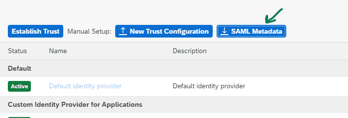 The trust configuration in the SAP BTP cockpit, with the SAML Metadata download button