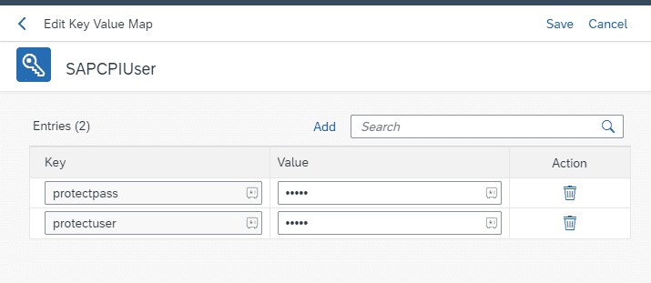 The encrypted key value map SAPCPIUser in API Management, with the entries protectuser and protectpass