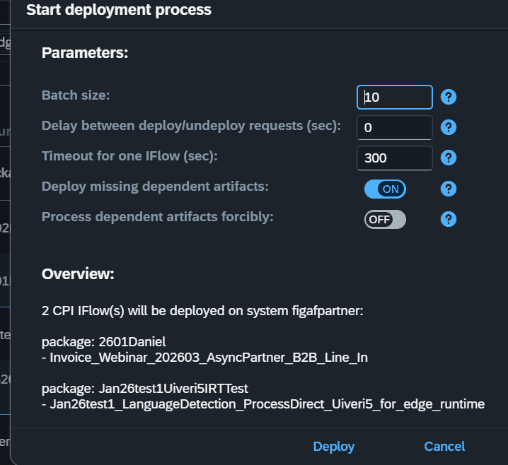 Start deployment process dialog with batch size, delay and timeout settings and the two iFlows to be deployed