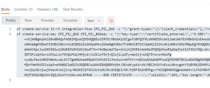 Postman response body with the generated cf create-service and cf create-service-key commands for CPI_PIL_BAS