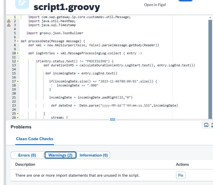 Groovy script editor showing clean code check warnings for unused import statements, with a Fix action