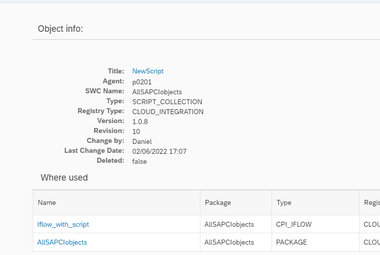 Figaf object info for a script collection, with a where-used list of the iFlows and packages that use it