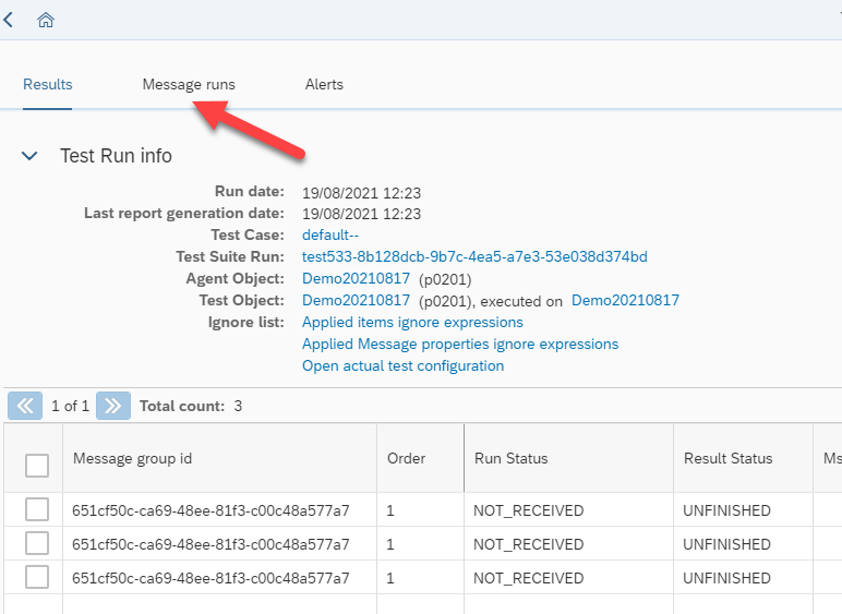 Figaf test run details page with test run info and an arrow pointing to the Message runs tab