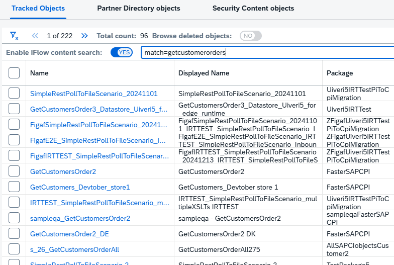 AI search on the Figaf tracked objects page, returning iFlows with context about each match