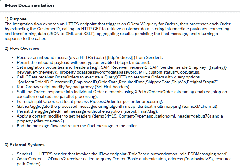 AI generated documentation details for one iFlow in Figaf
