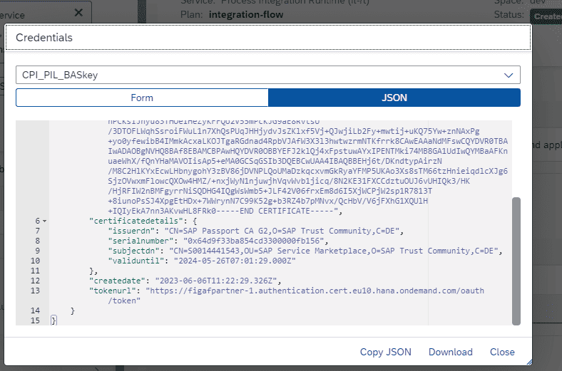 BTP cockpit Credentials dialog for service key CPI_PIL_BASkey showing the imported certificate and its certificate details in JSON