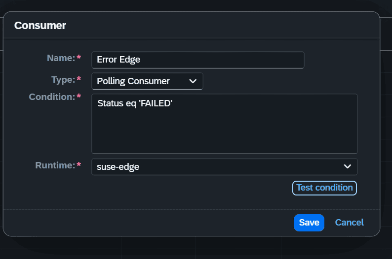 Polling consumer named Error Edge with the condition Status eq FAILED on the suse-edge runtime