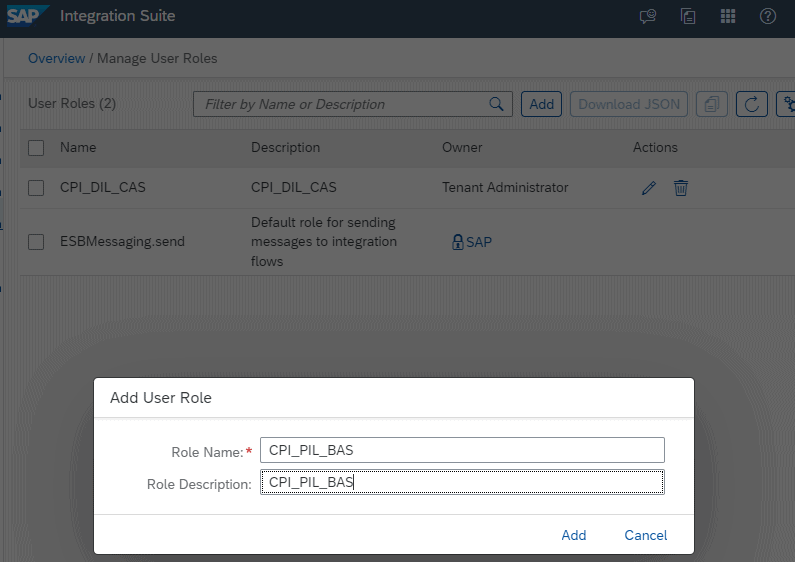 Cloud Integration Manage User Roles page with the Add User Role dialog creating role CPI_PIL_BAS