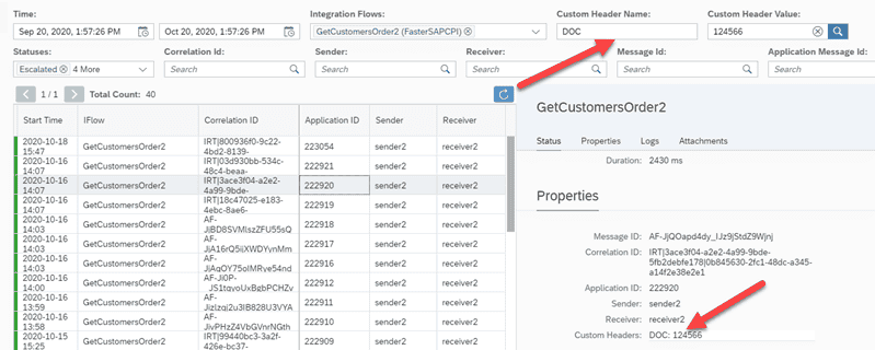 Figaf CPI monitor searching messages by custom header name and value, with the matching custom header shown in the message properties