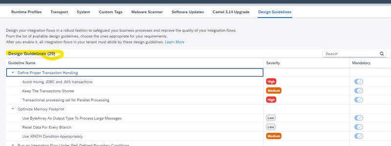 Design Guidelines tab in SAP Integration Suite settings listing 29 guidelines with severity levels and mandatory toggles