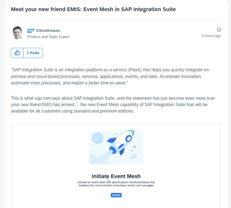 SAP Community blog post Meet your new friend EMIS announcing Event Mesh in SAP Integration Suite, with the Initiate Event Mesh activation screen