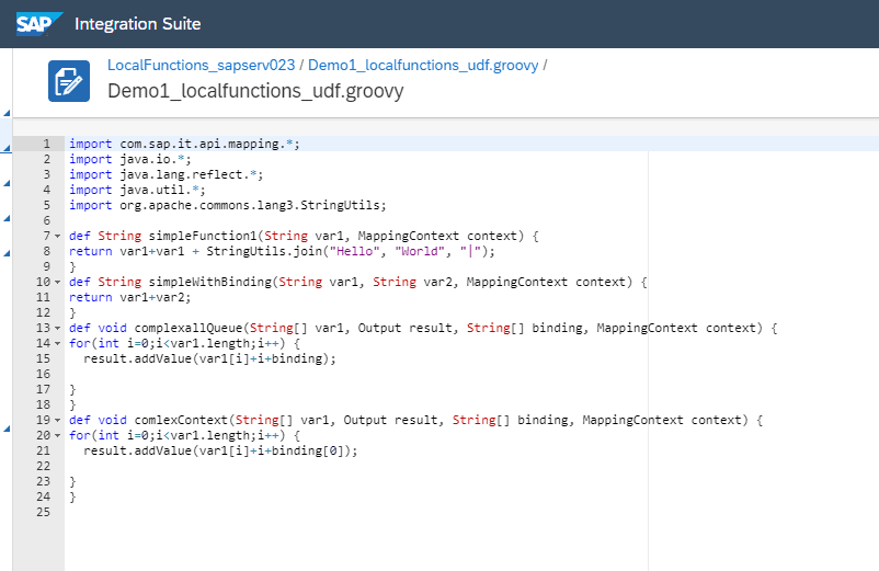 Local UDFs extracted from a message mapping into a Groovy script file in Figaf