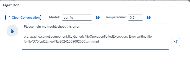 Figaf Bot prompt filled in with the iFlow error, ready to be edited and submitted