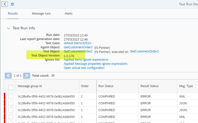 Screenshot: 3) Version that a test run was performed on