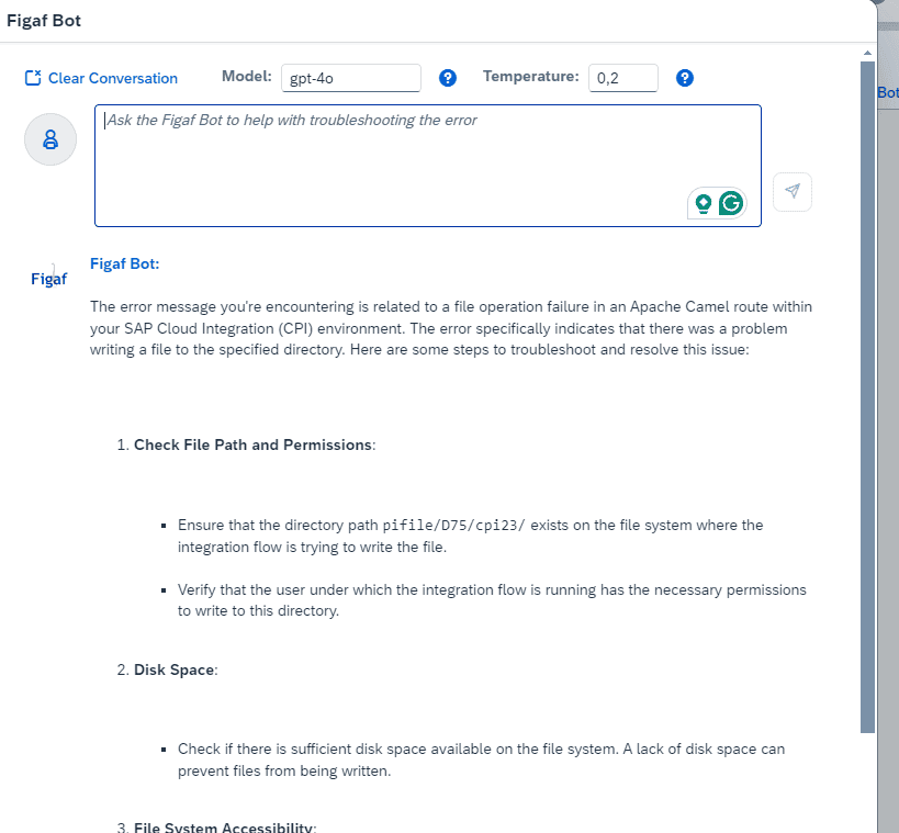Figaf Bot response explaining the iFlow error and how to resolve it