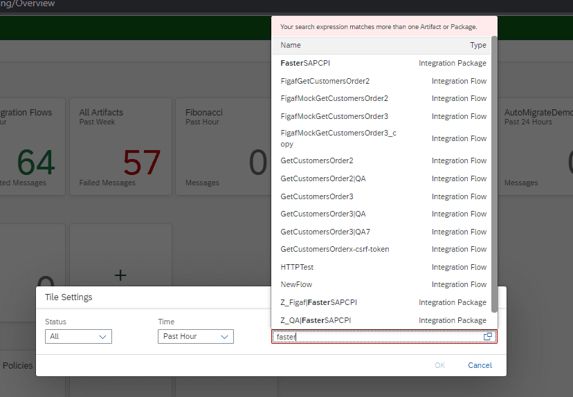 Cloud Integration monitor Tile Settings dialog, searching for a package name to create a monitoring tile for one integration package