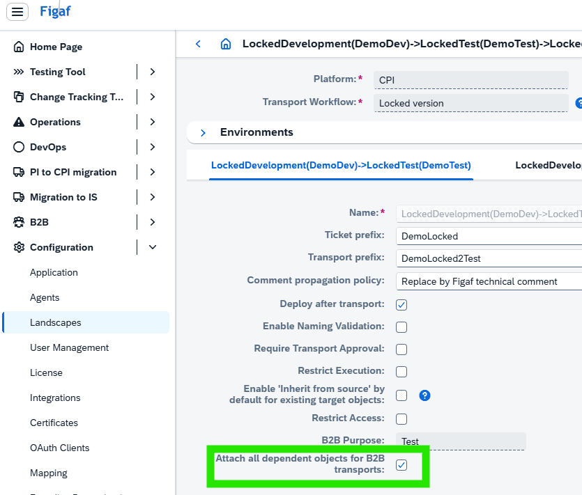 Screenshot of SAP integration development environment with B2B transport settings.
