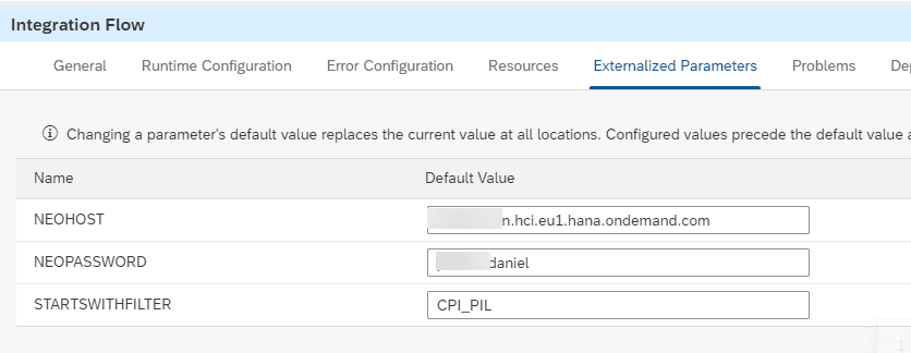 Externalized parameters of the iflow: NEOHOST, NEOPASSWORD and STARTSWITHFILTER set to CPI_PIL