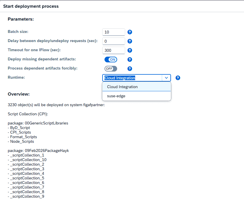 Deployment process parameters for Figaf system with cloud integration options.