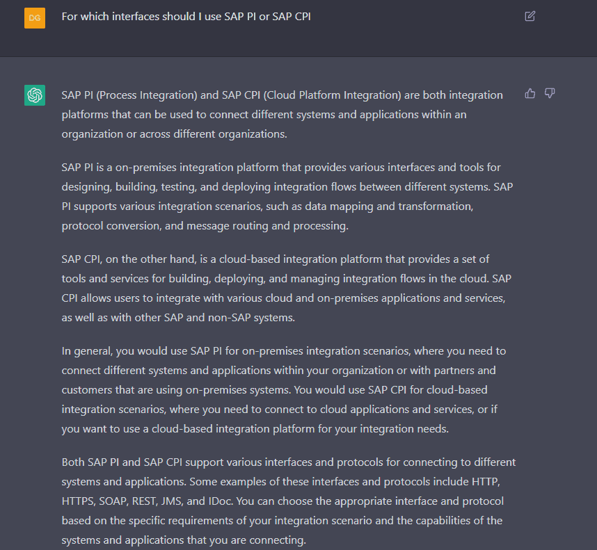 ChatGPT answer explaining when to use SAP PI for on premise integration and SAP CPI for cloud integration