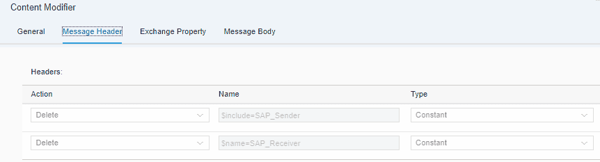 A content modifier that deletes the SAP_Sender and SAP_Receiver headers
