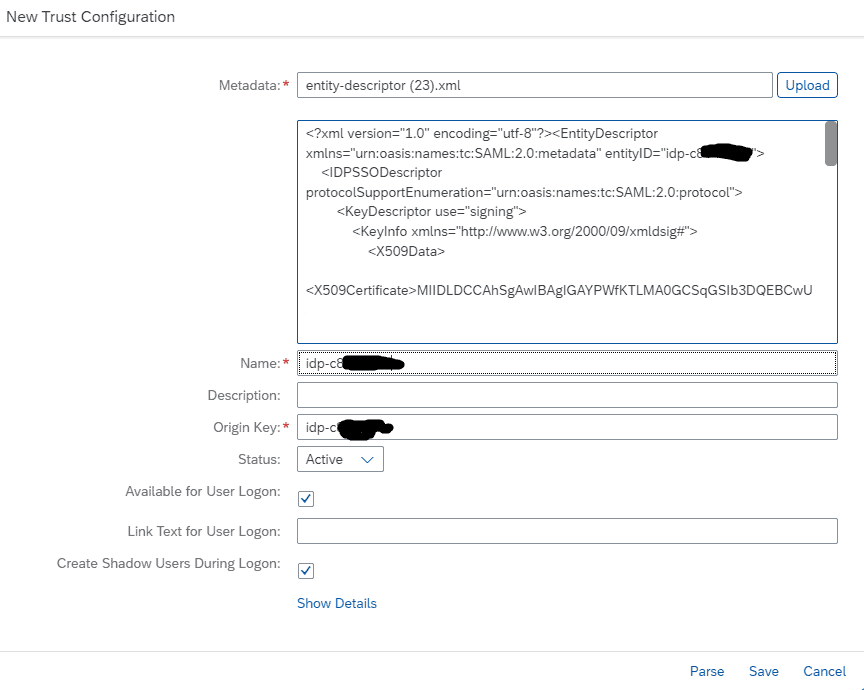 A new trust configuration in the SAP BTP cockpit, with the uploaded Figaf entity descriptor