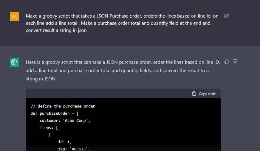 ChatGPT prompt asking for a Groovy script that sorts JSON purchase order lines and adds totals, with the start of its Groovy answer