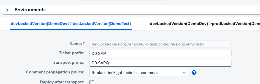 Screenshot of environment configuration for SAP transport in Figaf tool.