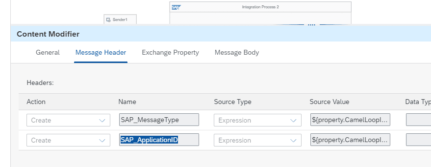 A content modifier that sets the SAP_MessageType and SAP_ApplicationID headers