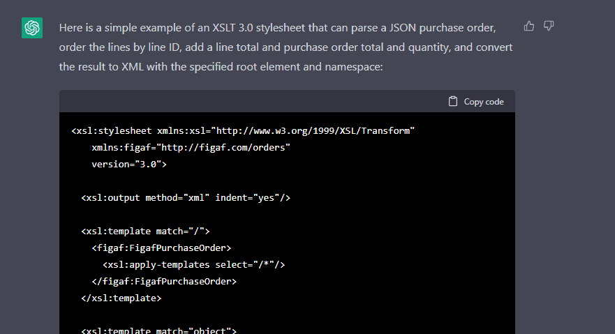 ChatGPT answer with an XSLT 3.0 stylesheet for the purchase order using a figaf namespace prefix