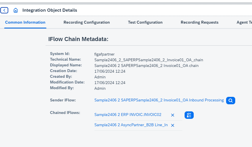 Figaf chain configuration with a sender iFlow and the chained iFlows that follow it