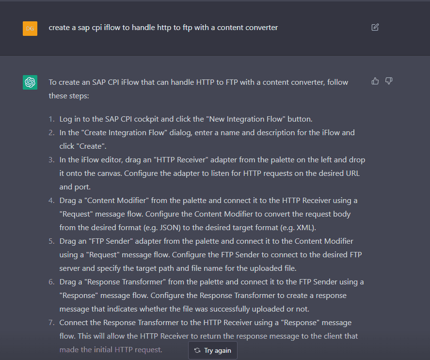 ChatGPT step by step guide for creating an SAP CPI iFlow from HTTP to FTP with a content modifier