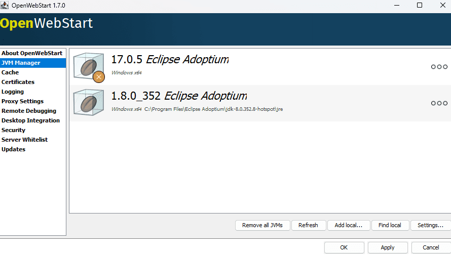 The OpenWebStart JVM manager with Eclipse Adoptium Java 17 and Java 8