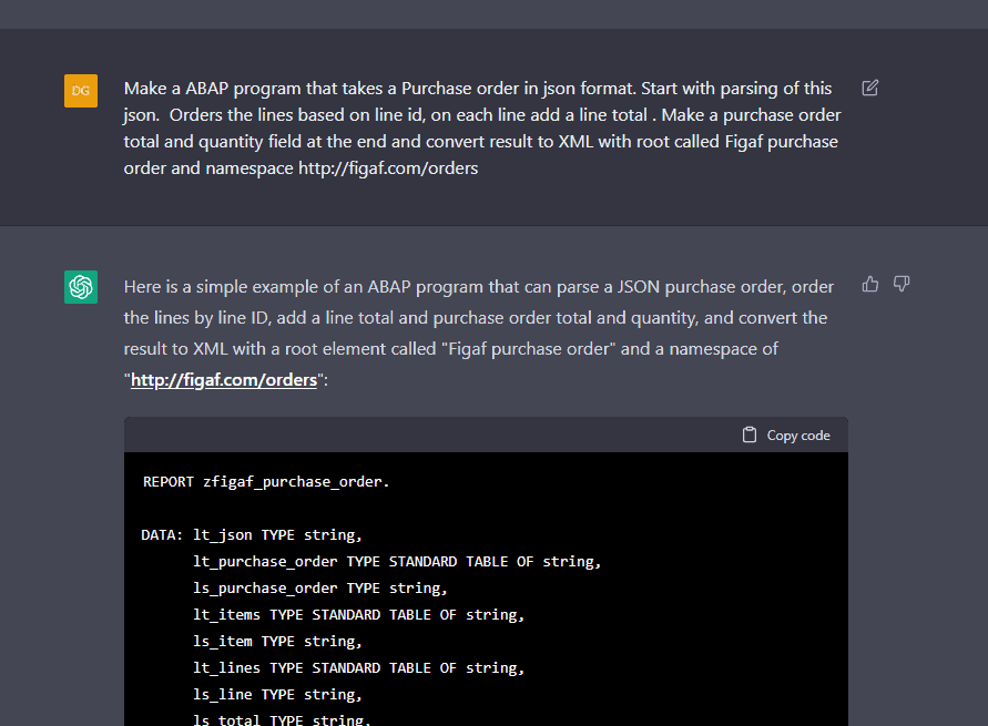 ChatGPT prompt and answer generating an ABAP report that parses the JSON purchase order and converts it to XML