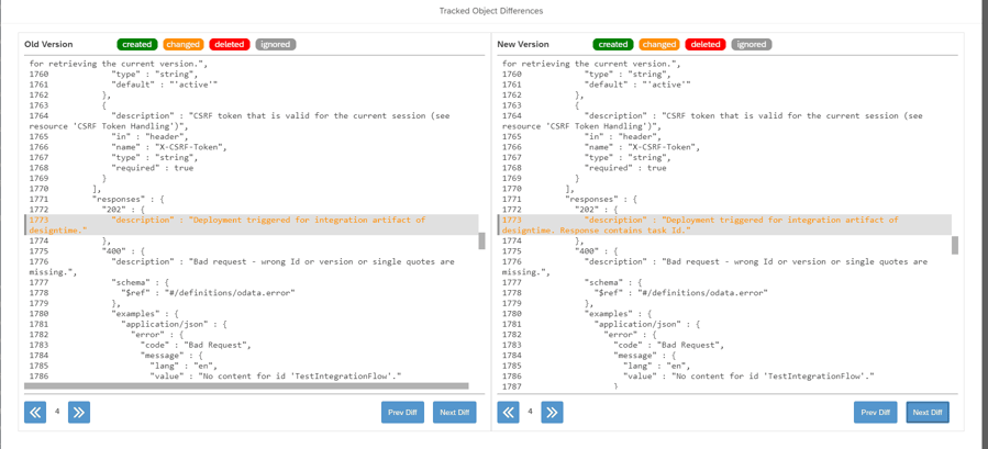 Screenshot of differences between two versions of the same tracked object from SAP Business Accelerator Hub